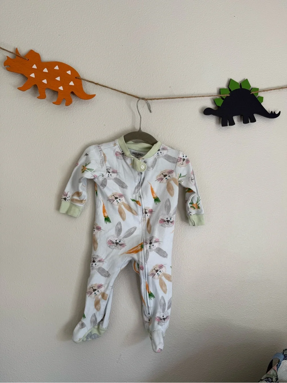 Burt's Bees White Bunny & Carrot Print Footed One-Piece with Pale Green Cuffs